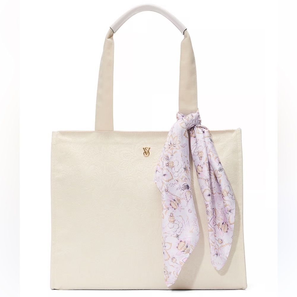 NWT! Victoria’s Secret Floral-Embossed Book Tote Bag with Floral Scarf - Cream